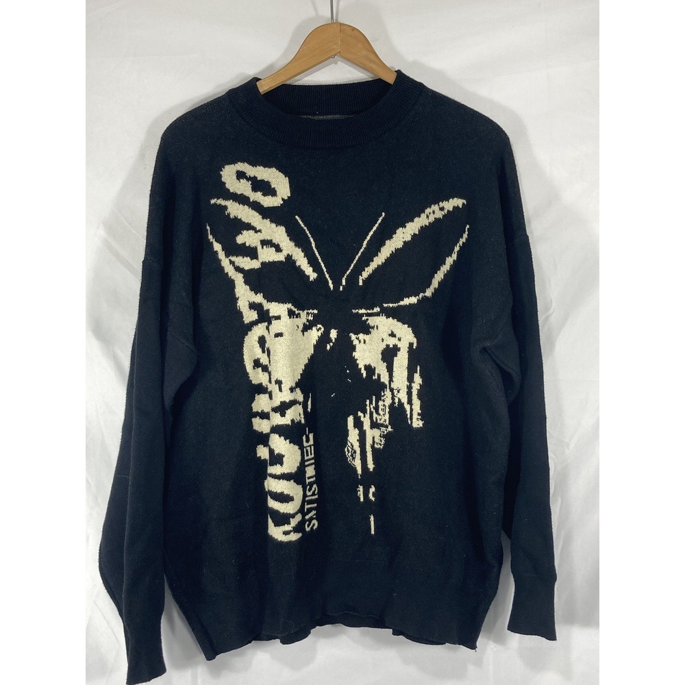 Y2k Round Two Satisthiec Sweater Mens beige Butterfly/Moth Print Knit Black